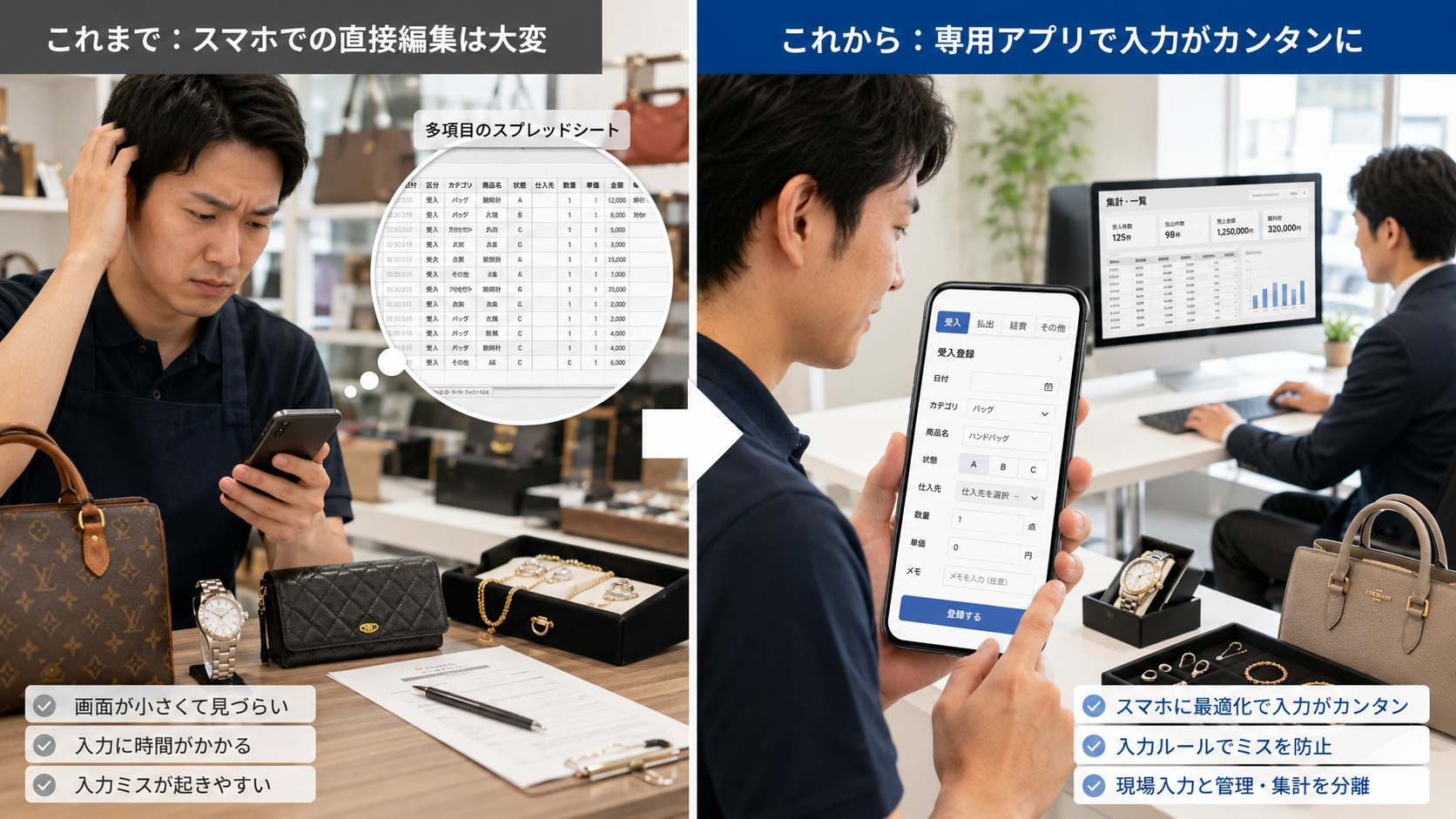 スマートフォンでスプレッドシートを直接編集する運用と専用Webアプリ入力の比較