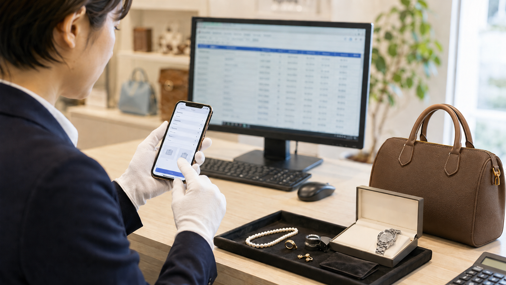 古物商の現場でスマートフォン入力し、スプレッドシートで管理するイメージ