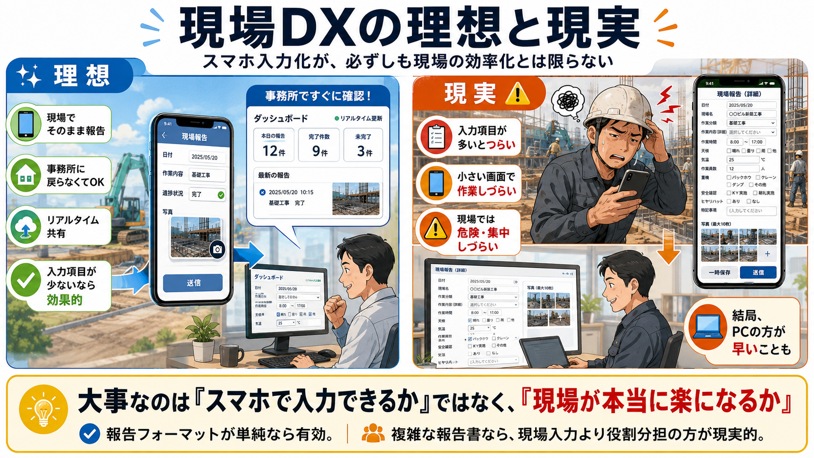 現場DXの理想と現実を比較した解説図