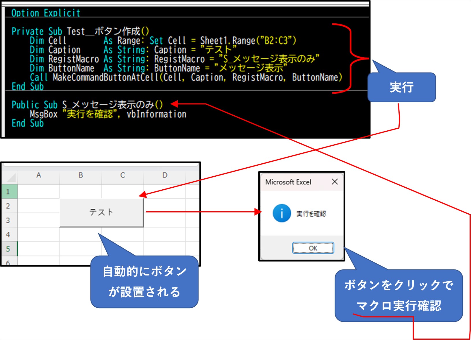 MakeCommandButtonAtCellで指定セル範囲にボタンを作成してマクロを実行する流れ