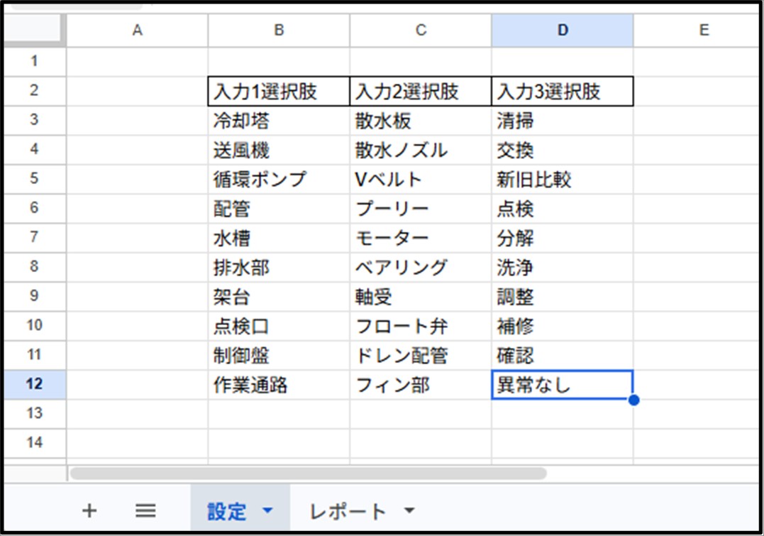 設定シートの入力候補