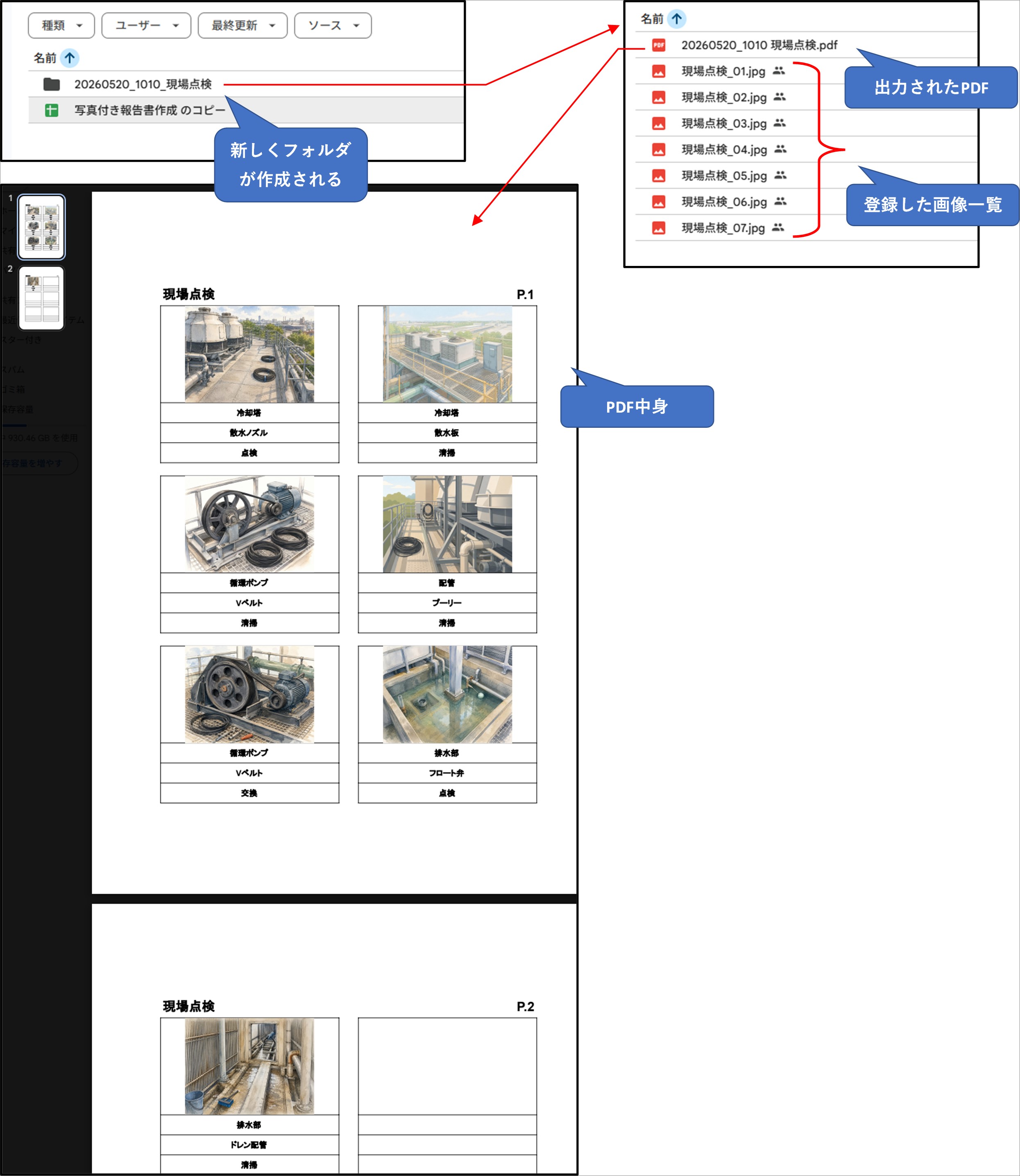 Driveに保存された画像とPDF報告書の出力結果